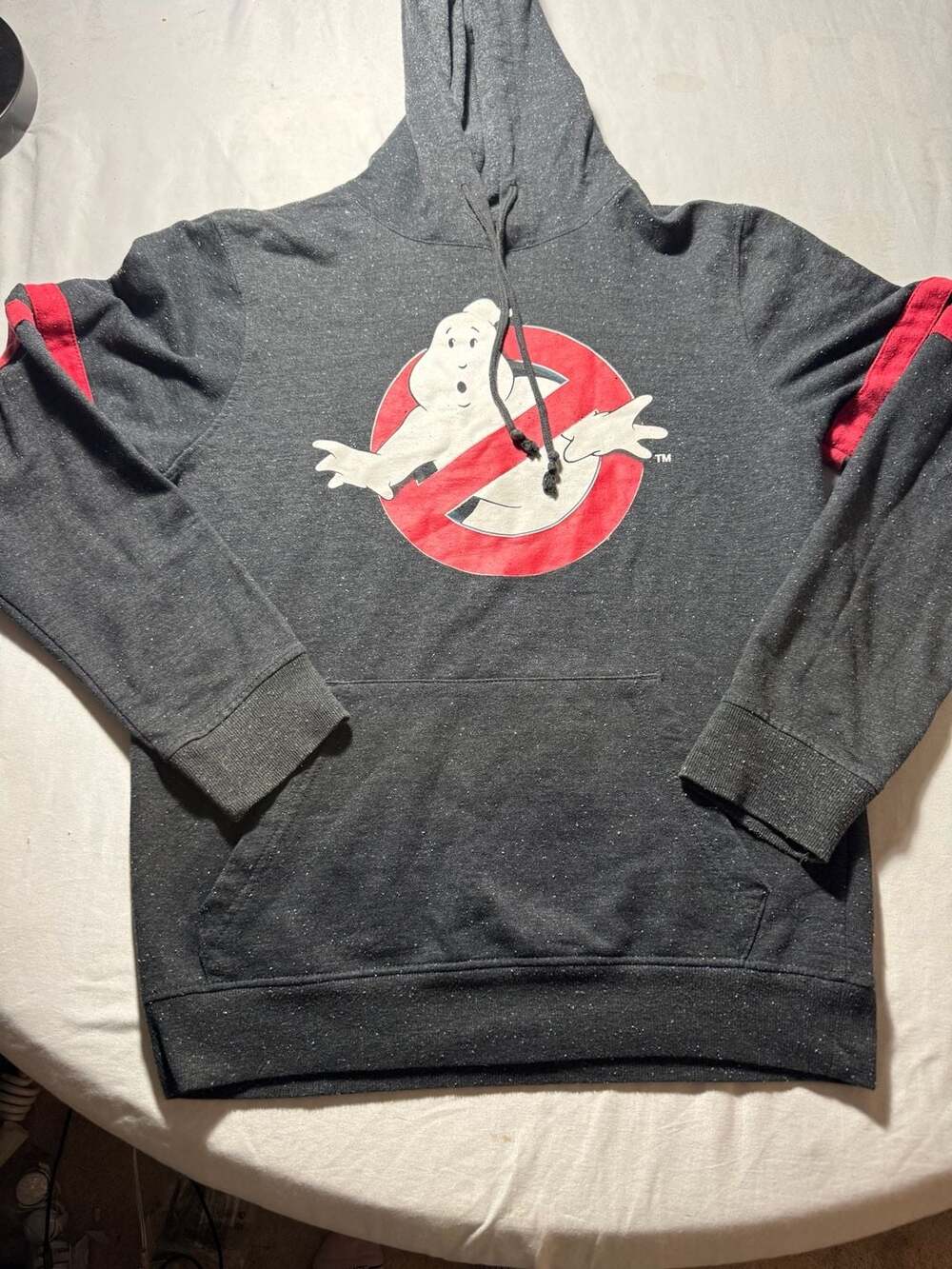 Ghostbusters Graphic Hoodie Men's Medium Gray Speckled Red Stripe Pullover